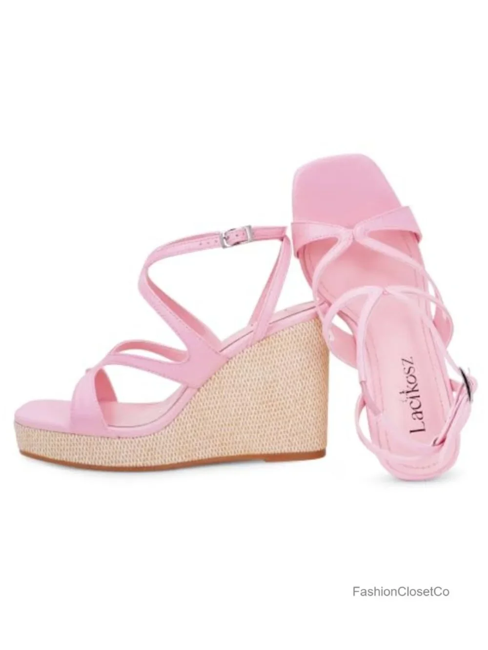 Raffia Wedge Sandals with Ankle Strap, Platform, Cushioned Footbed